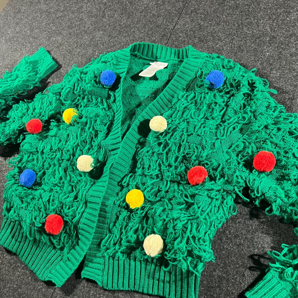 Mighty Fine Ugly Christmas Sweater Womens XS Green Shaggy Pom Pom Cardigan Y2K